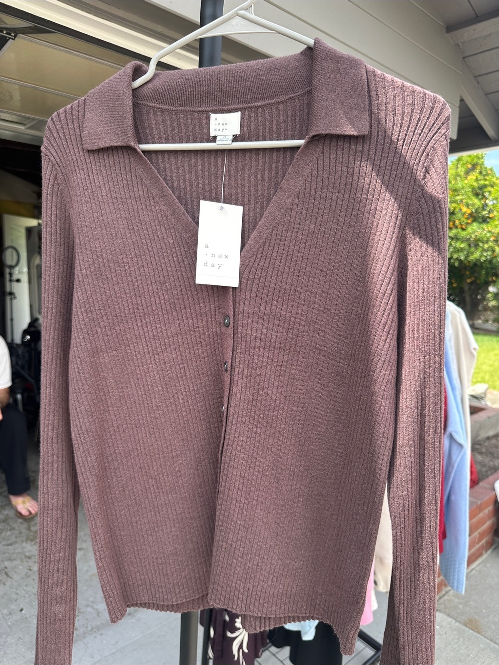 a new day Ribbed Button-Front Collared Sweater - Mauve